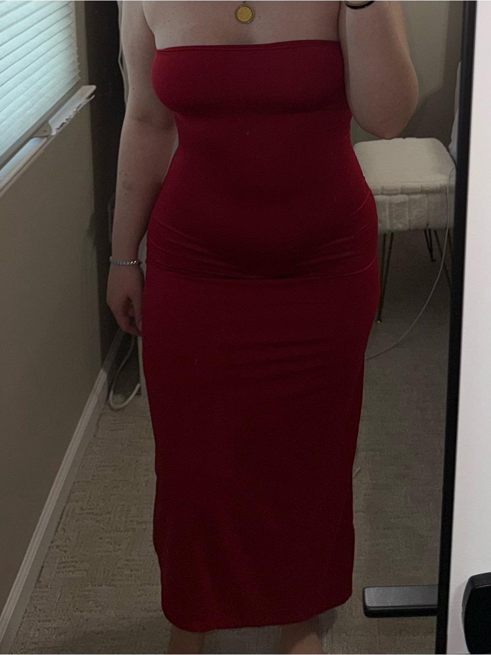 Bershka Strapless Bodycon Midi Dress in Crimson Red